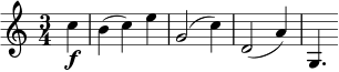 \relative c'' { \key c \major \time 3/4 \partial 4 c4 \f b4( c) e g,2( c4) d,2( a'4) g,4. }