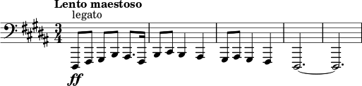\layout { ragged-right = ##t \context { \Score \omit BarNumber } } \relative c { \time 3/4 \tempo "Lento maestoso" \clef bass \key b \major \ff dis,,8 ^ "legato" fis gis b ais8. fis16 | b8 cis b4 ais | gis8 ais gis4 fis | dis2.~ | dis2. }