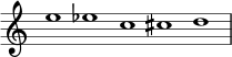 { \override Score.TimeSignature #'stencil = ##f \override Score.SpacingSpanner.strict-note-spacing = ##t \set Score.proportionalNotationDuration = #(ly:make-moment 3/2) \relative c'' { \time 5/1 \set Score.tempoHideNote = ##t \tempo 1 = 60 e1 es c cis d } }