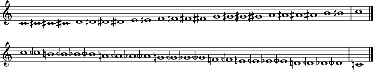 \relative c' { \cadenzaOn \omit Staff.TimeSignature \tempo 1 = 90 \set Score.tempoHideNote = ##t c1 cih cis cisih d dih dis disih e eih f fih fis fisih g gih gis gisih a aih ais aisih b bih \bar "|" ค \bar "|." \break c1 ceh b beh bes beseh a aeh aes aeseh g geh ges geseh f feh e eeh ees eeseh d deh des deseh \bar "|" ค \bar "|." }