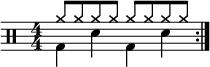 \new Staff << \new voice \relative c' { \clef percussion \numericTimeSignature \time 4/4 \set Score.tempoHideNote = ##t \tempo 4 = 100 \stemDown \repeat volta 2 { g4 d' g, d' } } \new voice \relative c'' { \override NoteHead.style = #'cross \stemUp \repeat volta 2 { a8 aaaaaaa } } >>