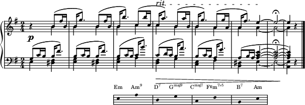 { << \new Dynamics { s2 s s4 s \tempo 8 = 87 s-"rit." \tempo 8 = 82 s \tempo 8 = 77 s \tempo 8 = 72 s } \new PianoStaff << \new Staff \with{ \magnifyStaff #3/4 } << \new Voice \relative c' { \key e \minor \set Score.tempoHideNote = ##t \tempo 8 = 92 \time 2/4 \stemUp \slurUp \tieUp r4 b'8( fis'16 b, | b g'8.) b,8( fis'16 b, | b b'8.) c,8( b'16 c, | c a'8.^\startTextSpan) b,8( a'16 b, | b g'8.) a,8( g'16 a, | a fis'8.) e4 ~ \stopTextSpan e2 \fermata ~ e4 r \bar "|." } \new Voice \relative c' { \stemDown \tieDown s4 b'4 bbbccbbaaa ~ a2 ~ a4 s4 } \new Dynamics { \p } \new Staff \with{ \magnifyStaff #3/4 } << \new Voice \relative c' { \key e \minor \clef F \time 2/4 \stemUp \slurUp \tieUp g8( c16 bb fis'8.) | b,8( c16 bb fis'8.) | b,8( c16 bc b'8.) | c,8( d16 cb a'8.) | b,8( c16 ba g'8.) | a,8( b16 a ~ <ac e>4 ~ <ac e>2 \fermata ~ <ac e>4) r | } \new Voice \relative c' { \stemDown \tieDown e,4 <dis fis> | <e g> <dis fis> | <e g> a | <d, fis> g | <c, e> fis | <b, dis> e4 ~ e2 ~ <a, e'>4 s } \new Dynamics { s2 sss\> ssss \! } >> >> >> \new Staff = "chords" \with { \omit TimeSignature \magnifyStaff #2/3 } \relative c' { \hide Staff.KeySignature \hide Staff.Clef \key e \minor \clef bass { \hide Stem \stopStaff \once \hide \p s2 s \startStaff e,8 sasd, sgsc, s fis sb, ses \stopStaff}} \addlyrics \with { alignAboveContext = "chords" \override VerticalAxisGroup.nonstaff-relatedstaff-spacing = #'((basic-distance . 3)) } { \override LyricText.font-size = #-3 Em \markup{\concat{Am\super{9}}} \markup{\concat{D\super{7}}} \markup{\concat{G\super{maj9}}} \markup{\concat{C\super{maj7}}} \markup{\concat{F♯m\super{7♭5}}} \markup{\concat{B\super{7}}} Am} >> } \layout { line-width = #150 }