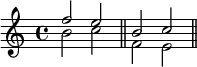 \new Staff << \new Voice \relative c'' { \clef treble \key c \major \time 4/4 \stemUp f2 ebc } \new Voice \relative c'' { \clef treble \key c \major \time 4/4 \stemDown b2 c \bar "||" f, e \bar "||" } >>