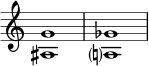  { \override Score.TimeSignature #'stencil = ##f \relative c' { \time 4/4 \set Score.tempoHideNote = ##t \tempo 1 = 20 <ais g'>1 <a? ges'> } } 