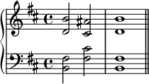 { \new PianoStaff << \new Staff << \relative c' { \clef treble \key b \minor \time 4/4 <d b'>2 <cis ais'> <d b'>1 } >> \new Staff << \relative c { \clef bass \key b \minor \time 4/4 <b fis'>2 <fis' cis'> <b, fis'>1 \bar "||" } >> >> }