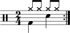 \new Staff << \new voice \relative c' { \clef percussion \numericTimeSignature \time 2/4 \set Score.tempoHideNote = ##t \tempo 4 = 100 \stemDown \repeat volta 2 { g4 d' } } \new voice \relative c'' { \override NoteHead.style = #'cross \stemUp \repeat volta 2 { a8 aaa } } ></a>>
