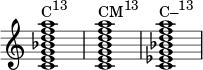 { \override Score.TimeSignature #'stencil = ##f \relative c' { \clef treble \time 4/4 \key c \major <ceg bes df a></a>1^\markup { \concat { "C" \raise #1 \small "13" } } <cegbdf a>^\markup { \concat { "CM" \raise #1 \small "13" } } <c ees g bes df a>^\markup { \concat { "C–" \raise #1 \small "13" } } } }