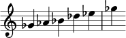 { \override Score.TimeSignature #'stencil = ##f \relative c'' { \time 5/4 ges aes bes des ees ges } }