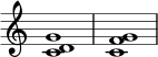 { \override Score.TimeSignature #'stencil = ##f \relative c' { \clef treble \time 4/4 \key c \major <cd g></a>1 <cf g>1 } }