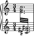 \new PianoStaff << \new Staff = "up" \relative c'' { \time 3/4 s2. } \new Staff = "down" \relative c' { \time 3/4 \voiceOne \repeat tremolo 12 { { \change Staff = "up" \voiceTwo <eg c>32 } { \change Staff = "down" \voiceOne <cis fis ais>32 } } } >>