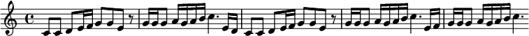 \relative { \set Score.tempoHideNote = ##t \tempo 4 = 100 \set Staff.midiInstrument = #"vibraphone" \key c \major \time 4/4 c'8 cd e16 f g8 ge r8 | % 2 g16 g g8 a16 gab c4. e,16 d | % 3 c8 cd e16 f g8 ge r8 | % 4 g16 g g8 a16 gab c4. e,16 f | % 5 gg g8 a16 gab c4. }