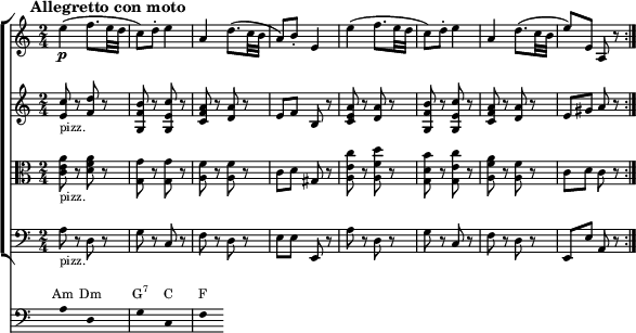 { << \new ChoirStaff << \relative c' { \magnifyStaff #3/4 \set Staff.midiInstrument = #"violin" \p \set Score.tempoHideNote = ##t \tempo 4 = 60 \time 2/4 \mark \markup { \abs-fontsize #10 { \bold { Allegretto con moto} } } \repeat volta 2 { e'4( f8. e32 d | c8) d-. e4 | a, d8.( c32 b | a8) b-. e,4 | e'( f8. e32 d | c8) d-. e4 | a, d8.( c32 b | e8) e, a, r } } \relative c' { \magnifyStaff #3/4 \set Staff.midiInstrument = #"pizzicato strings" \time 2/4 <e c'>8_"pizz." r <f d'> r | <g, f' b> r <g e' c'> r | <cf a> r <d a'> r | efb, r | <ce a> r <d a'> r | <g, f' b> r <g e' c'> r | <cf a> r <d a'> r | e gis ar | } \relative c' { \magnifyStaff #3/4 \set Staff.midiInstrument = #"pizzicato strings" \clef C \time 2/4 <ce a>8_"pizz." r <df a> r | <g, g'> r <g g'> r | <a f'> r <a f'> r | cd gis, r | <a e' c'> r <a f' d'> r | <g d' b'> r <g e' c'> r | <a f' a> r <a f'> r | cdcr | } \relative c' { \magnifyStaff #3/4 \set Staff.midiInstrument = #"pizzicato strings" \clef F \time 2/4 a8_"pizz." rd, r | grc, r | frdr | eee, r | a' rd, r | grc, r | frdr | e, e' a, r | } >> \new Staff = "chords" \with { \omit TimeSignature \magnifyStaff #3/4 } \relative c' { \hide Staff.KeySignature \clef F { \hide Stem a8 sd, sgsc, sfs }} \addlyrics \with { alignAboveContext = "chords" \override VerticalAxisGroup.nonstaff-relatedstaff-spacing = #'((basic-distance . 3)) } { \override LyricText.font-size = #-2 Am Dm \markup{\concat{G\super{7}}} CF } >> } \layout { line-width = #150 }