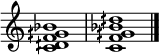 \relative c' { \omit Staff.TimeSignature \set Score.tempoHideNote = ##t <c dih f gih bes>1 \bar "|" <cf gih bes dih>1 \bar "|." }
