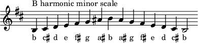 \header { tagline = ##f } scale = \relative b { \key b \minor \omit Score.TimeSignature b^"B harmonic minor scale" cis de fis g ais b ais g fis ed cis b2 } \score { { << \cadenzaOn \scale \context NoteNames \scale >> } \layout { } \midi { } }