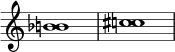 { \override Score.TimeSignature #'stencil = ##f \relative c'' { \time 4/4 \set Score.tempoHideNote = ##t \tempo 1 = 20 <b! bes></a>1 <c! cis> } }