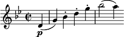 \relative c' { \set Score.tempoHideNote = ##t \tempo 2 = 120 \time 2/2 \tempo "Allegro assai" \key g \minor \partial4 d4\p( g ) bes-. d-. g-. bes2 ( a4 ) }