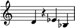 \relative { \set Score.tempoHideNote = ##t \tempo 4 = 190 \set Staff.midiInstrument = #"piano" \key c \major \time 4/4 \hide Staff.TimeSignature d'4 r ees bes4 }