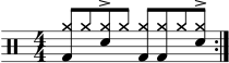 \version "2.22.0" \header { tagline = ##f} \score { \drums \with {midiInstrument = "drums"} \with { \numericTimeSignature } { \repeat volta 2 { \stemUp <cymra bd></a>8 cymra <cymra sne>^> cymra <cymra bd> <cymra bd> cymra <cymra sne>^>\break } } \layout {} } \score { \unfoldRepeats { \drums \with {midiInstrument = "drums"}{ \repeat volta 2 { \stemUp <cymra bd>8 cymra <cymra sne>^> cymra <cymra bd> <cymra bd> cymra <cymra sne>^>\break } } } \midi { \จังหวะ 4 = 120 } }