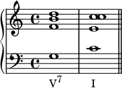 \new PianoStaff << \new Staff << \relative c' { \voiceOne \clef treble \key c \major \time 4/4 <fb d>1 <e c' c> } >> \new Staff << \new Voice \relative c' { \clef bass \key c \major \time 4/4 g_\markup { \concat { "V" \raise #1 \small "7" \hspace #6 "I" } } c \bar "||" } >> >>