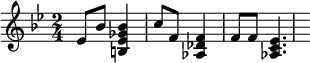 \relative { \set Score.tempoHideNote = ##t \tempo 4 = 110 \set Staff.midiInstrument = #"vibraphone" \key bes \major \time 2/4 es'8 bes'8 <b, ees ges bes>4 c'8 f,8 <aes, des f>4 f'8 f8 <aes, c es>4. }