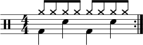 \new Staff << \new voice \relative c' { \clef percussion \numericTimeSignature \time 4/4 \set Score.tempoHideNote = ##t \tempo 4 = 100 \stemDown \repeat volta 2 { g4 d' g, d' } } \new voice \relative c'' { \override NoteHead.style = #'cross \stemUp \repeat volta 2 { a8 aaaaaaa } } ></a>>