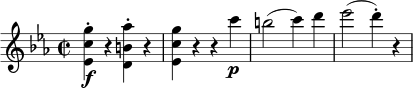 \relative g'' { \key c \minor \time 2/2 <gc, es,></a>4- \fr <เป็น b, d,>-. r <gc, es,>4 rrc \p b2( c4) d es2( d4-.) r }