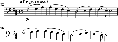 \layout { indent = 0 ragged-right = ##t } \new Score { #(set-default-paper-size "b6") \new Staff { \relative c, { \set Staff.midiInstrument = #"cello" \set Score.currentBarNumber = #92 \time 4/4 \key d \major \clef "bass_8" \omit Staff.ClefModifier \tempo 2 = 60 \omit Score.MetronomeMark \bar "" fis2\p^\markup { \halign #-0.5 \bold "Allegro assai" }( g4 a) | a4( g fis e) | d2( e4 fis) | fis4.( e8) e2 | \break fis2( g4 a) | a4( g fis e) | d2( e4 fis) | e4.( d8) d2 } } }