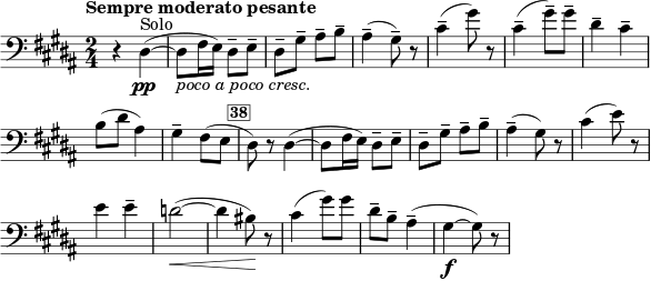 \layout { ragged-right = ##t \context { \Score \omit BarNumber } } \relative c { \time 2/4 \tempo "Sempre moderato pesante" \clef bass \key gis \minor r4 dis~( \pp ^ "Solo" | dis8 _ \markup {\italic "poco a poco cresc." } fis16 e) dis8-- e-- dis8-- gis-- ais-- b-- | ais4--( gis8--) r | cis4--( gis'8) r | ซิส,4--( gis'8--) gis-- dis4-- ซิส-- \break b8( dis ais4) | gis4-- fis8( e | \mark \markup { \box \small \bold "38" } dis) r dis4~( dis8 fis16 e) dis8-- e-- | dis8-- gis-- ais-- b-- | ais4--( gis8) r | cis4( e8) r | \break e4 e-- | d2~( \< | d4 bis8) \! r | cis4( gis'8) gis | dis-- b-- ais4--( |gis4~ \f gis8) r }