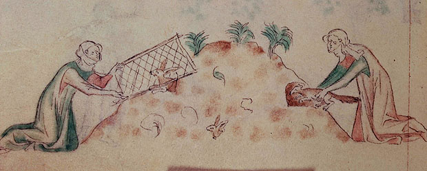 ภาพวาดการล่ากระต่ายในหนังสือบทสวดของสมเด็จพระราชินีแมรี (ค.ศ. 1340)