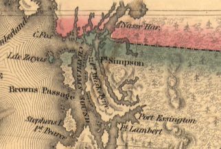 แผนที่อเมริกันปี ค.ศ. 1841 แสดงเส้นละติจูด 54°40′ ใกล้กับป้อมซิมป์สันเป็นเส้นแบ่งเขตแดน