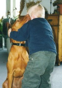 เด็กเล็กกำลังกอดสุนัข