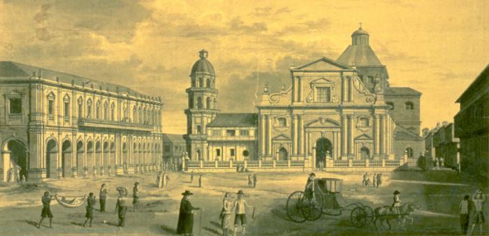 ภาพวาดมหาวิหารมะนิลาในปี ค.ศ. 1792 ในเขตอินทรามูรอส กรุงมะนิลา ประเทศฟิลิปปินส์