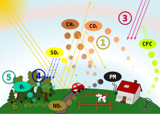 แผนภาพแสดง (1) CO2 และ CH4 จากความร้อน การขับขี่ และปศุสัตว์ที่ทำให้เกิดภาวะโลกร้อน (2) มลพิษ PM จากการขับขี่ (3) CFC จากอาคารที่ทำลายโอโซน ทำให้รังสี UV ผ่านเข้ามา (4) SO2 จากการเผาไหม้ที่ทำให้เกิดฝนกรด และ (5) โอโซนระดับพื้นดินจากไนตรัสออกไซด์ และ (6) ไนตรัสออกไซด์จากท่อไอเสียรถยนต์