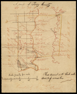 แผนที่ที่วาดด้วยมือของเคาน์ตีเพอร์รีในปี ค.ศ. 1842 แสดงให้เห็นถึงลำธาร ถนน และชุมชนเบียร์ดสทาวน์และเพอร์รีวิลล์ในเคาน์ตี