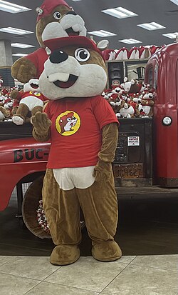 ภาพถ่ายมาสคอต "Buc-ee the Beaver" ในเมืองวอร์เนอร์ โรบินส์ รัฐจอร์เจีย เดือนเมษายน ปี 2024