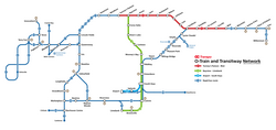 แผนภาพแสดงระบบขนส่งมวลชนความเร็วสูงในออตตาวา ประกอบด้วย รถไฟ O-Train สาย 1, 2, 4 และรถโดยสารด่วนพิเศษ Transitway