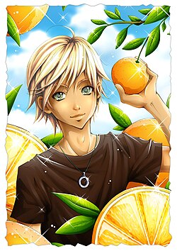 ภาพวาดสไตล์มังงะ depicting ชายหนุ่มรูปร่างผอมเพรียว ผมสีบลอนด์ ตาสีเขียว กำลังถือส้มอยู่