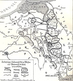 Carte représentant le plan d'invasion allemand de la Belgique ในปี 1914