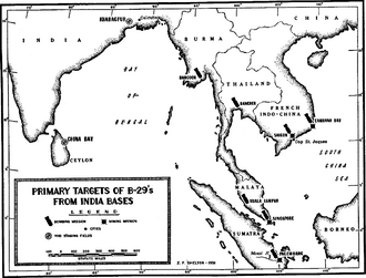 แผนที่ขาวดำของอินเดียตะวันออก ศรีลังกา และเอเชียตะวันออกเฉียงใต้ เมืองส่วนใหญ่ที่ปรากฏบนแผนที่ถูกทำเครื่องหมายด้วยสัญลักษณ์ระเบิด