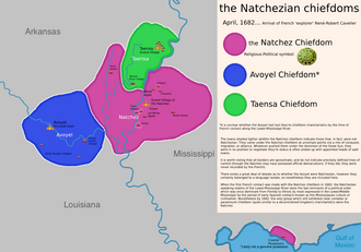 แผนที่แสดงที่ตั้งถิ่นฐานของเมืองแนทเชซในปี ค.ศ. 1682