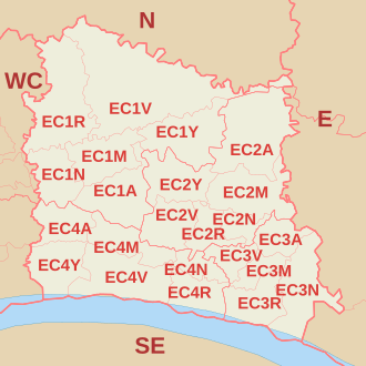 แผนที่แสดงพื้นที่รหัสไปรษณีย์ของสหภาพยุโรป (EC) ซึ่งแสดงเขตไปรษณีย์ เมืองไปรษณีย์ และพื้นที่รหัสไปรษณีย์ใกล้เคียง