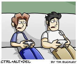 ตัวการ์ตูนสองตัวนั่งอยู่บนโซฟาเล่นเกมคอนโซล