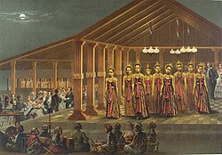 ราชสำนักของสุลต่านแห่งยอกยาการ์ตา ประมาณปี ค.ศ. 1876 การแสดงระบำศักดิ์สิทธิ์เบธยา บรรเลงประกอบโดยวงดนตรีฆาเมลันชวา
