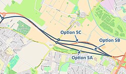 A picture showing a map of different routings of Option 5, which was a single carriageway road between Switch Island the A565 Southport Road