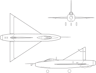 แผนภาพแสดงโครงสร้าง XF-92A ในรูปแบบการฉายภาพแบบออร์โธกราฟิก