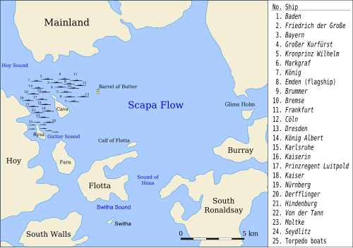 แผนที่แสดงตำแหน่งที่เรือรบเยอรมันถูกจม