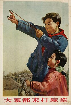 โปสเตอร์จีนส่งเสริมการรณรงค์กำจัดศัตรูพืชสี่ชนิด; เด็กชายสวมผ้าพันคอสีแดงกำลังเล็งหนังสติ๊กไปที่เป้าหมายเหนือศีรษะที่อยู่นอกเฟรม และเด็กหญิงที่อยู่ข้างๆ ก็มองไปที่เป้าหมายเช่นกัน มีหมู่บ้านอยู่ด้านหลัง มีสโลแกนภาษาจีน "大家都来打麻雀" (ทุกคนมาร่วมกันกำจัดศัตรูพืชสี่ชนิด) เป็นตัวอักษรสีแดงอยู่ที่ด้านล่าง