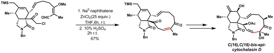 การสังเคราะห์ทั้งหมดของ E. Vedejs ของ C(16),C(18)-bis-epi-cytochalasin D ใช้ปฏิกิริยา Reformatsky ในขั้นตอนสุดท้ายเพื่อเข้าถึงผลิตภัณฑ์ธรรมชาติ