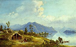 ภาพทะเลสาบโรโตกาคาฮีจากหมู่บ้านไคเทเรเรียในปี 1881 โดยชาร์ลส์ บลอมฟิลด์