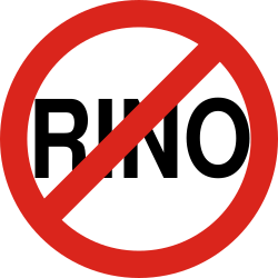 คำว่า "RINO" อยู่ภายในวงกลม โดยมีเส้นสีแดงขีดทับเพื่อแสดงการปฏิเสธ